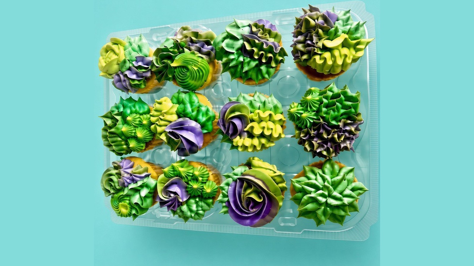 Green and purple made-to-order cupcakes